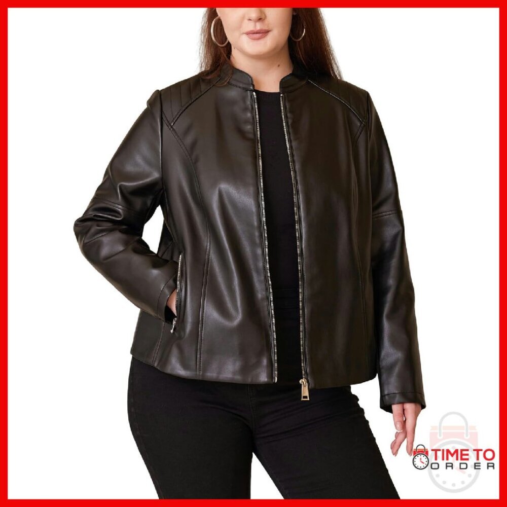 Plus Size Faux Leather Motorcycle Jacket with Quilted Shoulders